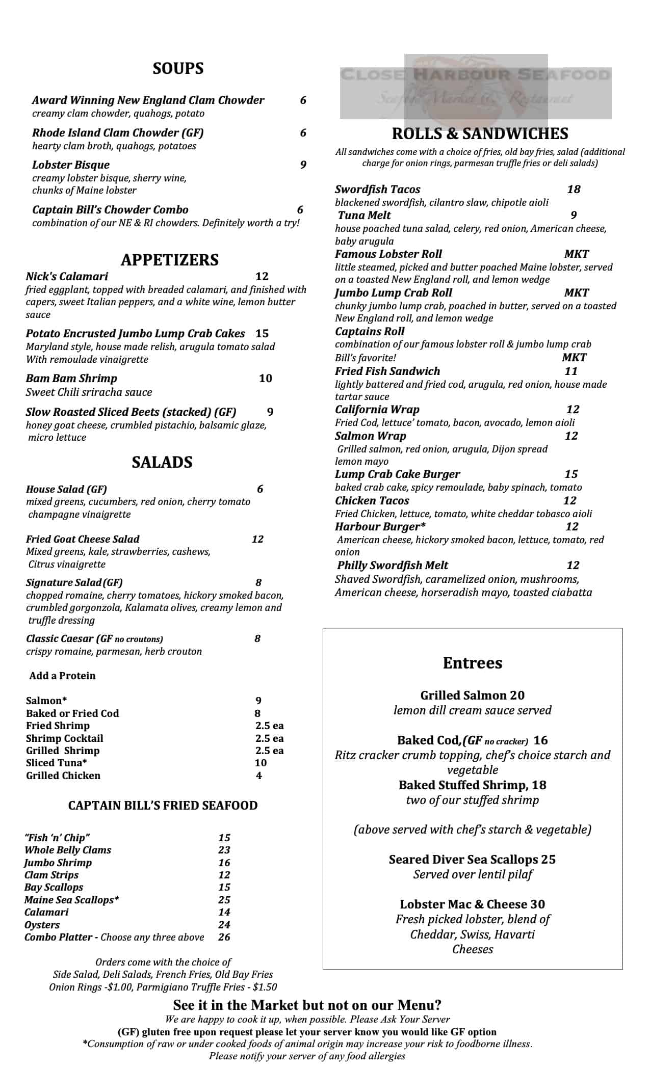 Menu | Close Harbour Seafood